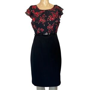 Floral Black Shift Dress with Belt